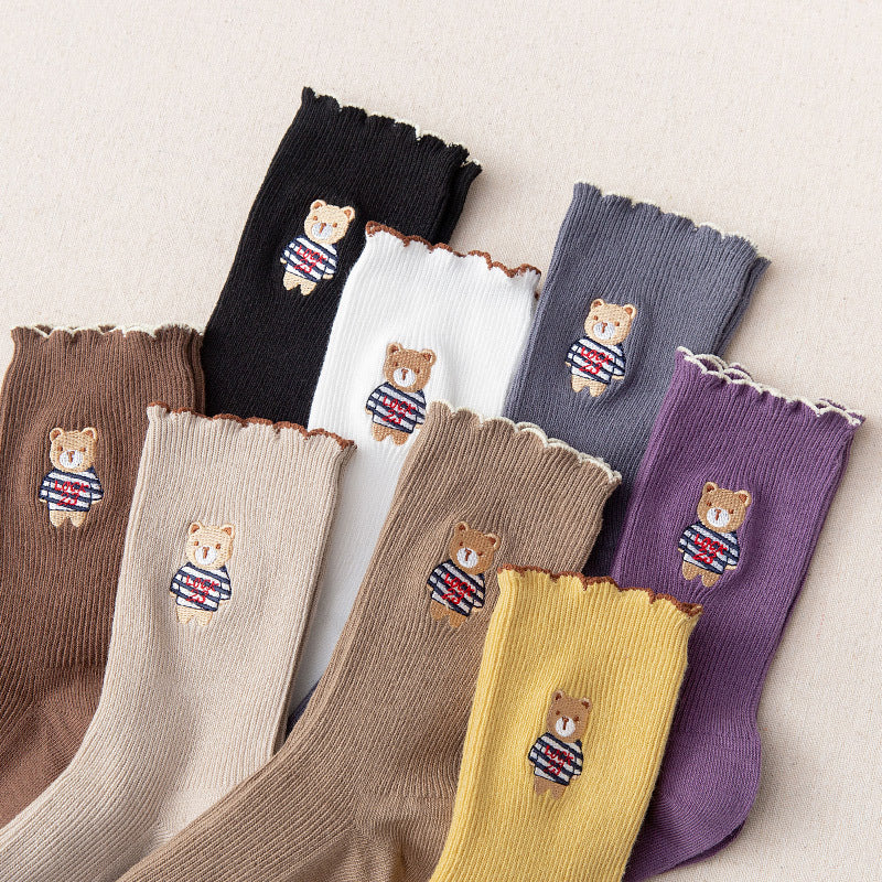 Women's Bear Embroidered Fungus Lace Mid Tube Socks