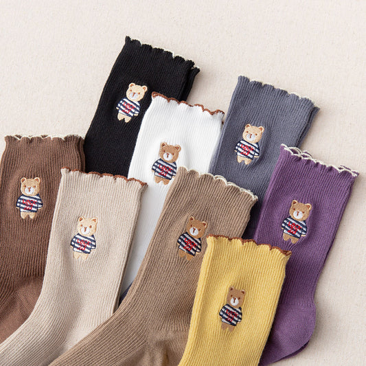 Women's Bear Embroidered Fungus Lace Mid Tube Socks