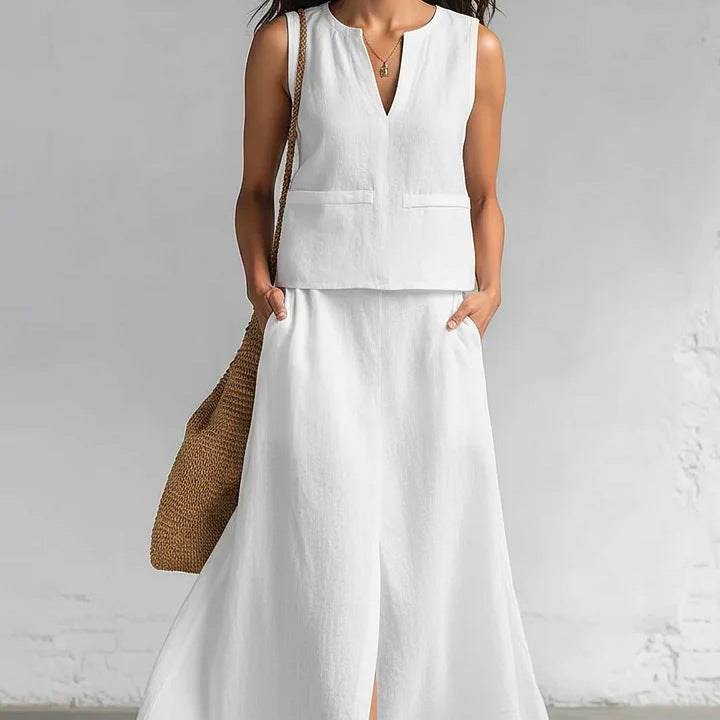 Simple And Elegant Two-piece Set Featuring A V-neck Top And A Skirt