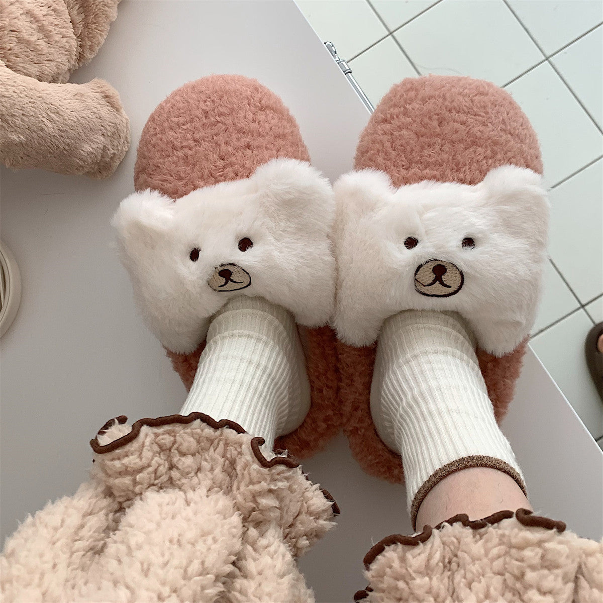 Cute Bear Plush Shoes Women's Warm Cotton Slippers
