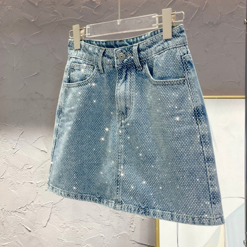 style Starry Hot Rhinestone Versatile Slimming Casual Denim Skirt For Women