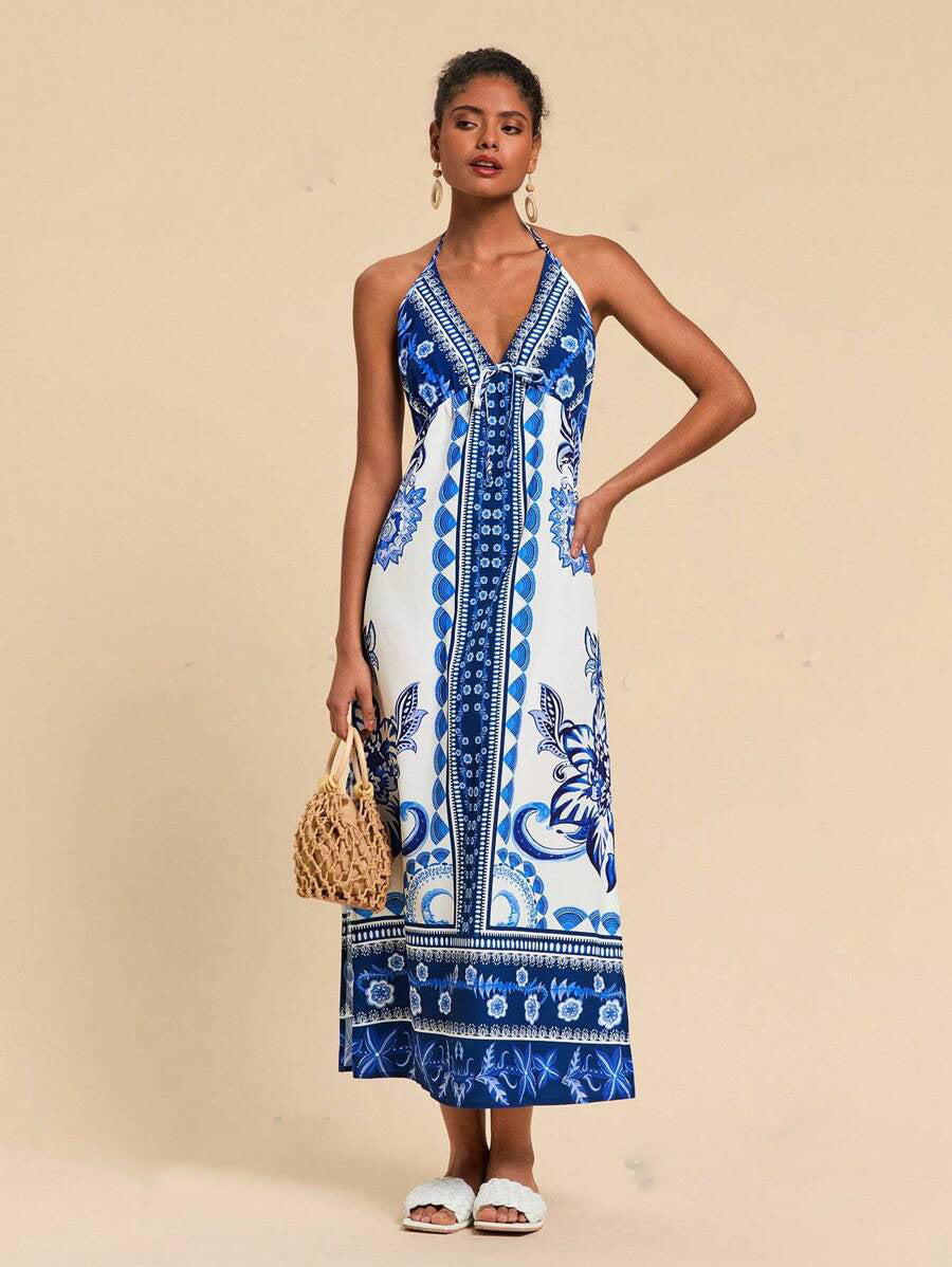 Womens Woven Printed Backless Halter Maxi Dress For Vacation