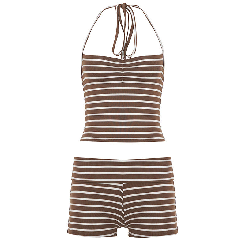 Ruched Vest And High-Waisted Shorts Sports-Style Casual Two-Piece Set