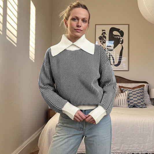 Casual Retro Striped Half-neck Sweater For Women