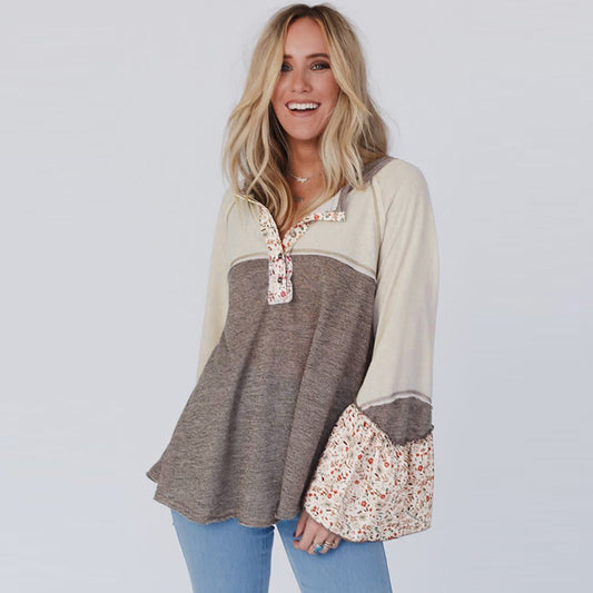 Loose Multicolor Printed Pullover Women's Long Sleeve Top