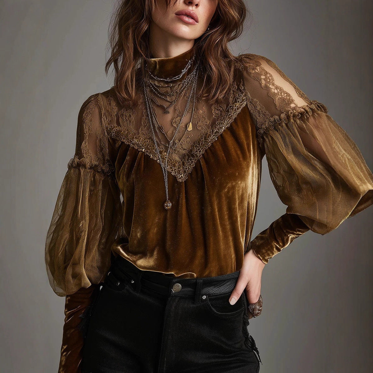 Womens Chic Versatile Half-turtleneck Mesh Top