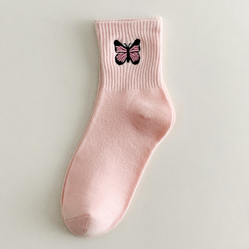 Women's Fashion Solid Color Butterfly Embroidered Mid-calf Socks
