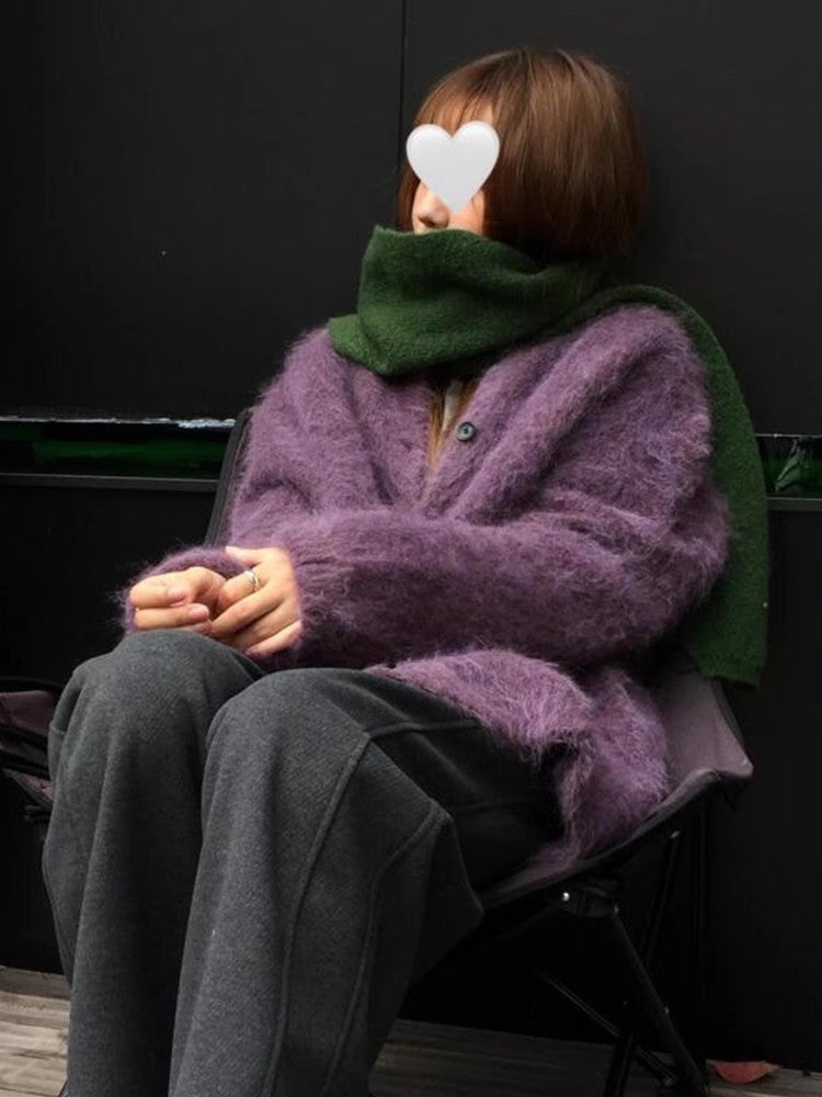 Purple Lazy High-end Mohair Cardigan Women's Autumn Winter Loose