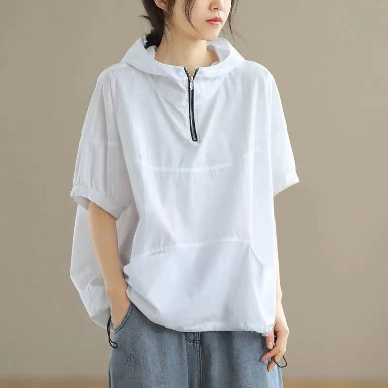 Women's Loose Casual Hooded Zipper Short Sleeve