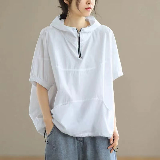 Women's Loose Casual Hooded Zipper Short Sleeve