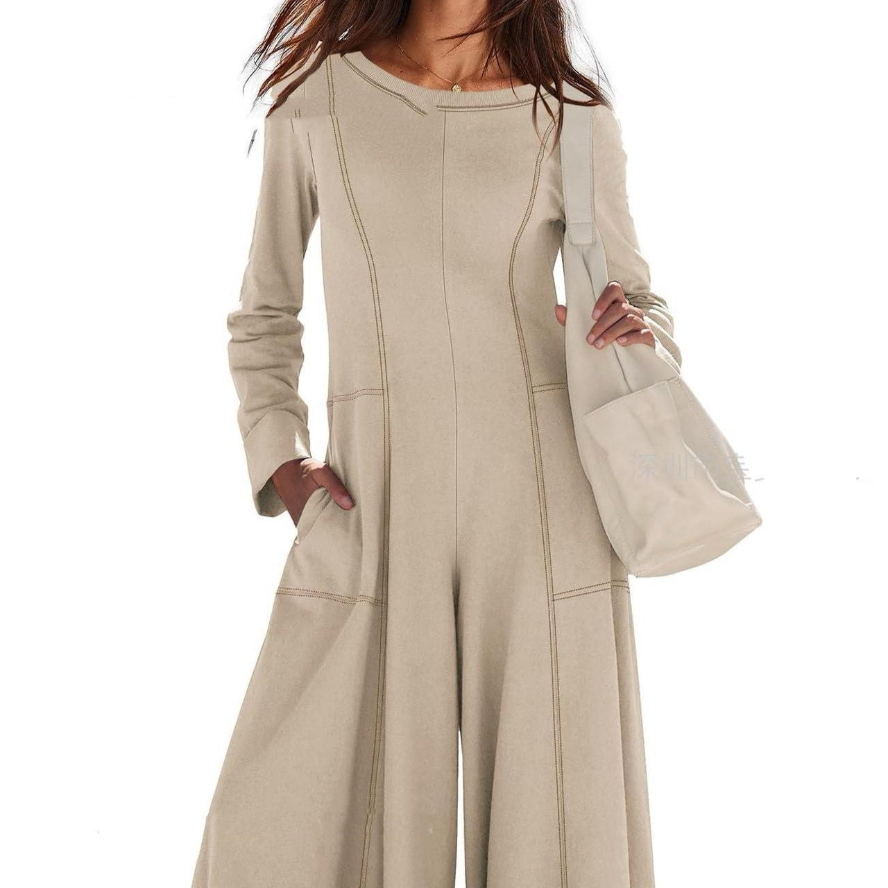 Women's Fashionable Casual Contrasting-Color Striped Long-Sleeve Jumpsuit