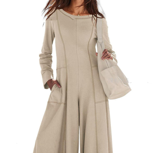 Women's Fashionable Casual Contrasting-Color Striped Long-Sleeve Jumpsuit