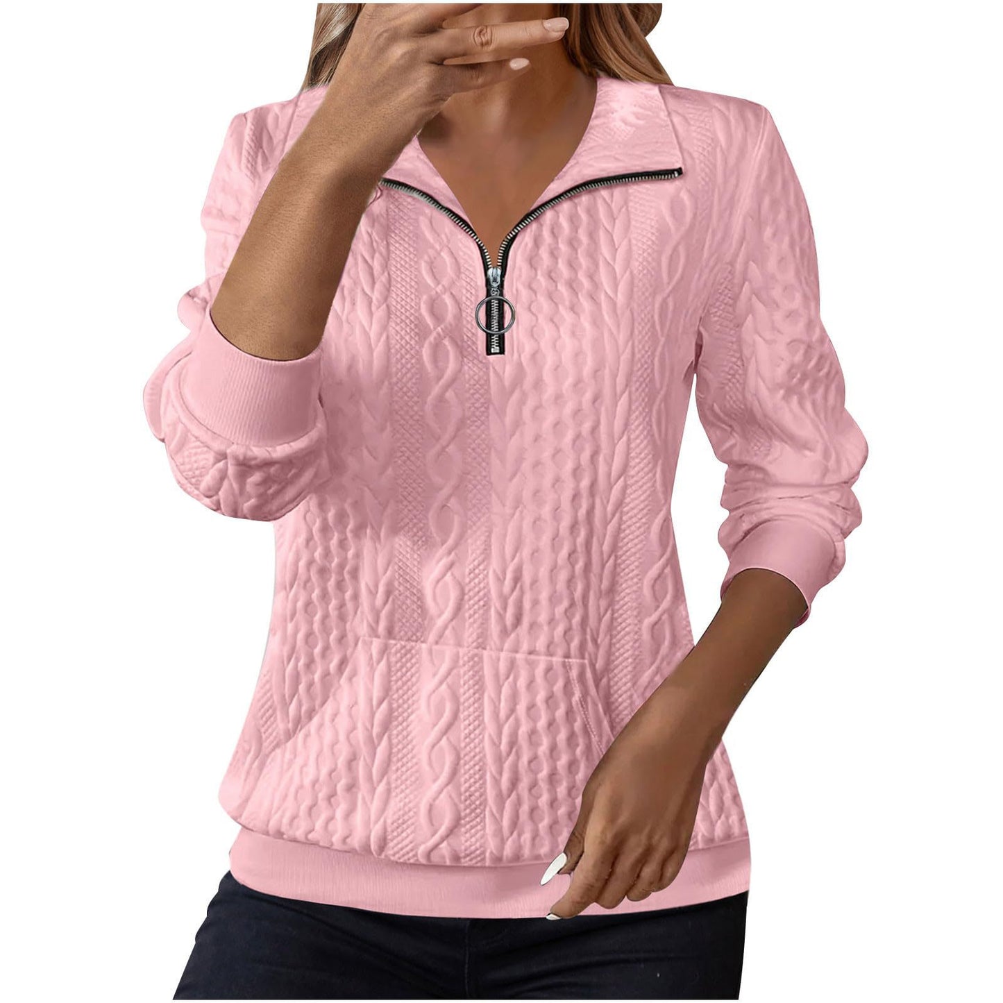 Womens Casual Lapel-collar Zip-up Long-sleeve Hoodie With Pockets