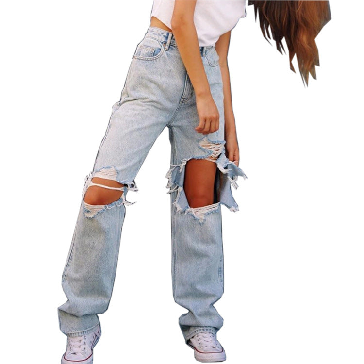 European And American Ladies Jeans Ripped Holes Show Thin Denim