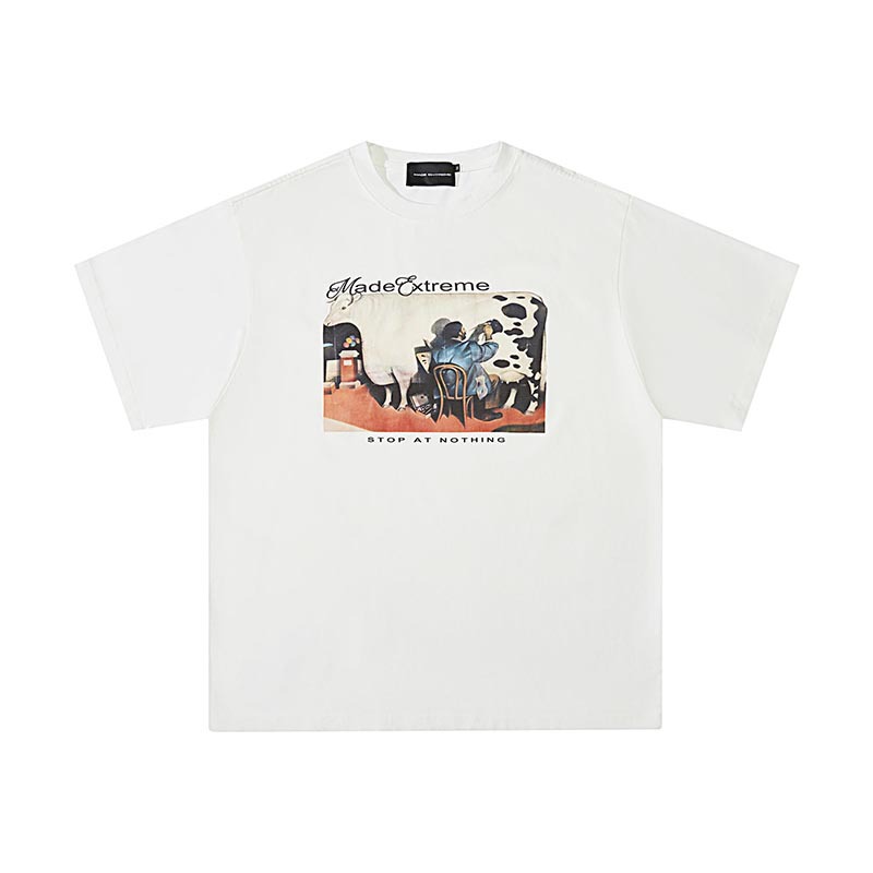 American Retro Distressed Painting Cow Short Sleeve