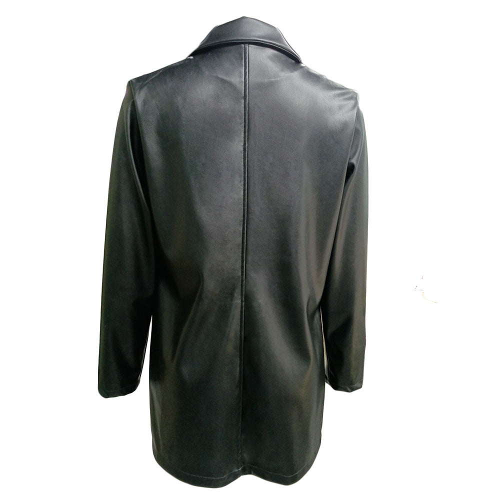 Solid Color Suit Collar Fake Pocket Fashion Casual Women's Leather Jacket