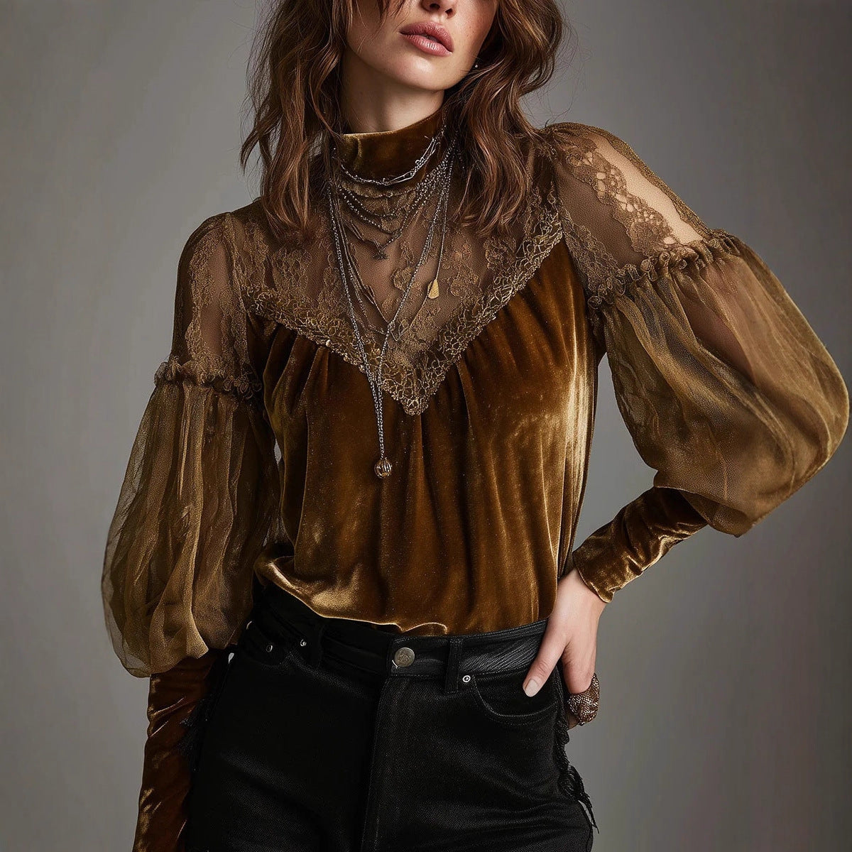 Womens Chic Versatile Half-turtleneck Mesh Top