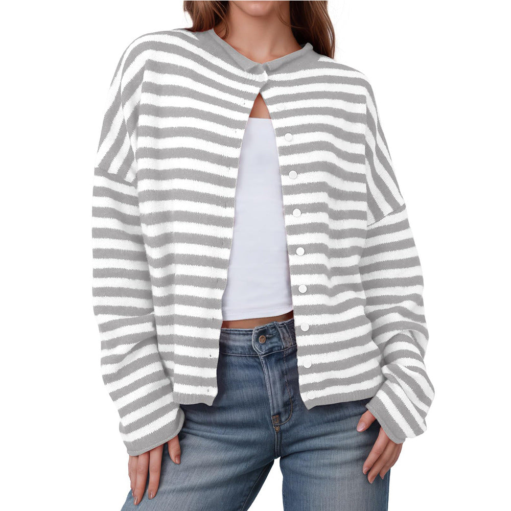 Women's Striped Contrast Color Sweater Long Sleeve Casual Cardigan