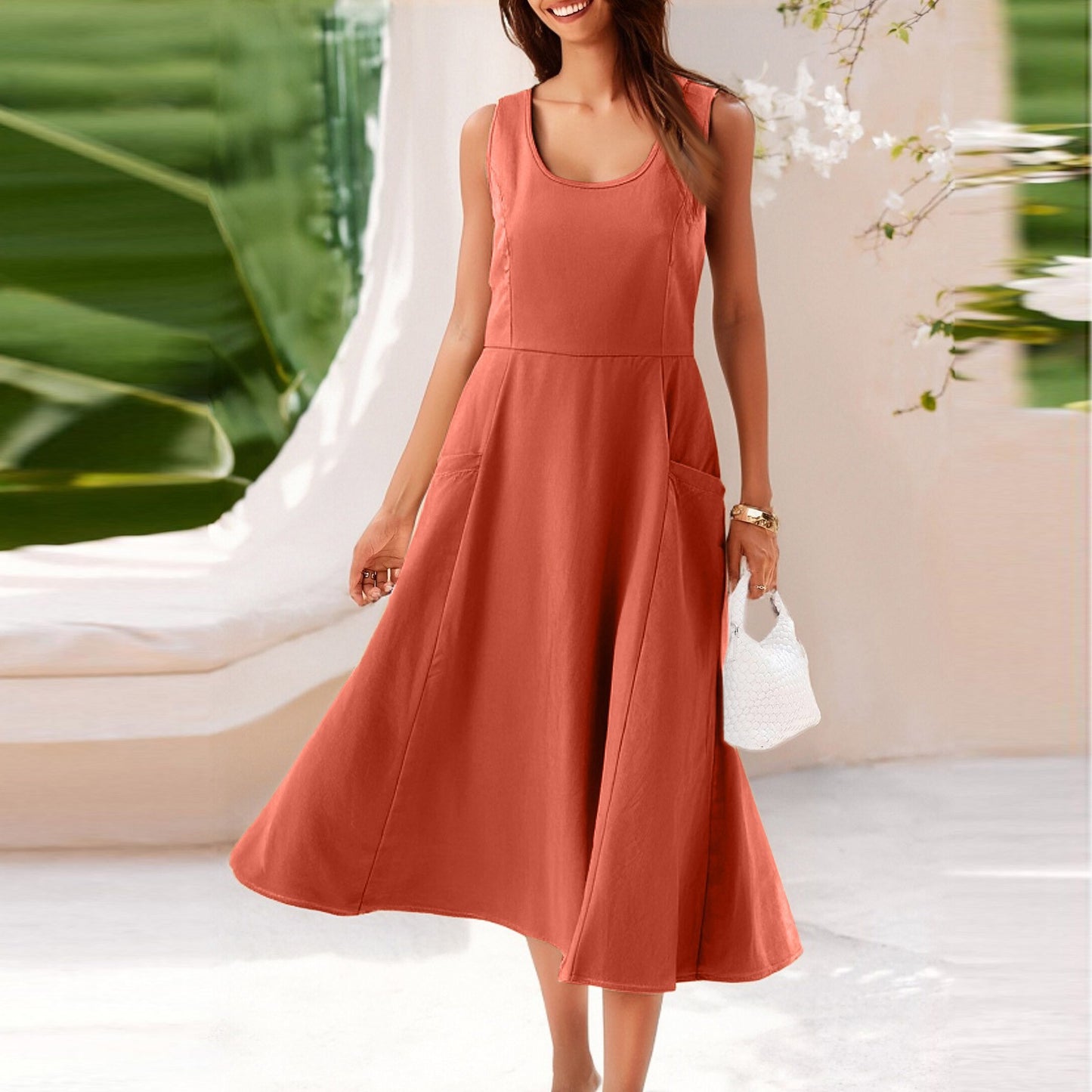 Pocketless Sleeveless Crew-Neck Elegant Womens Dress