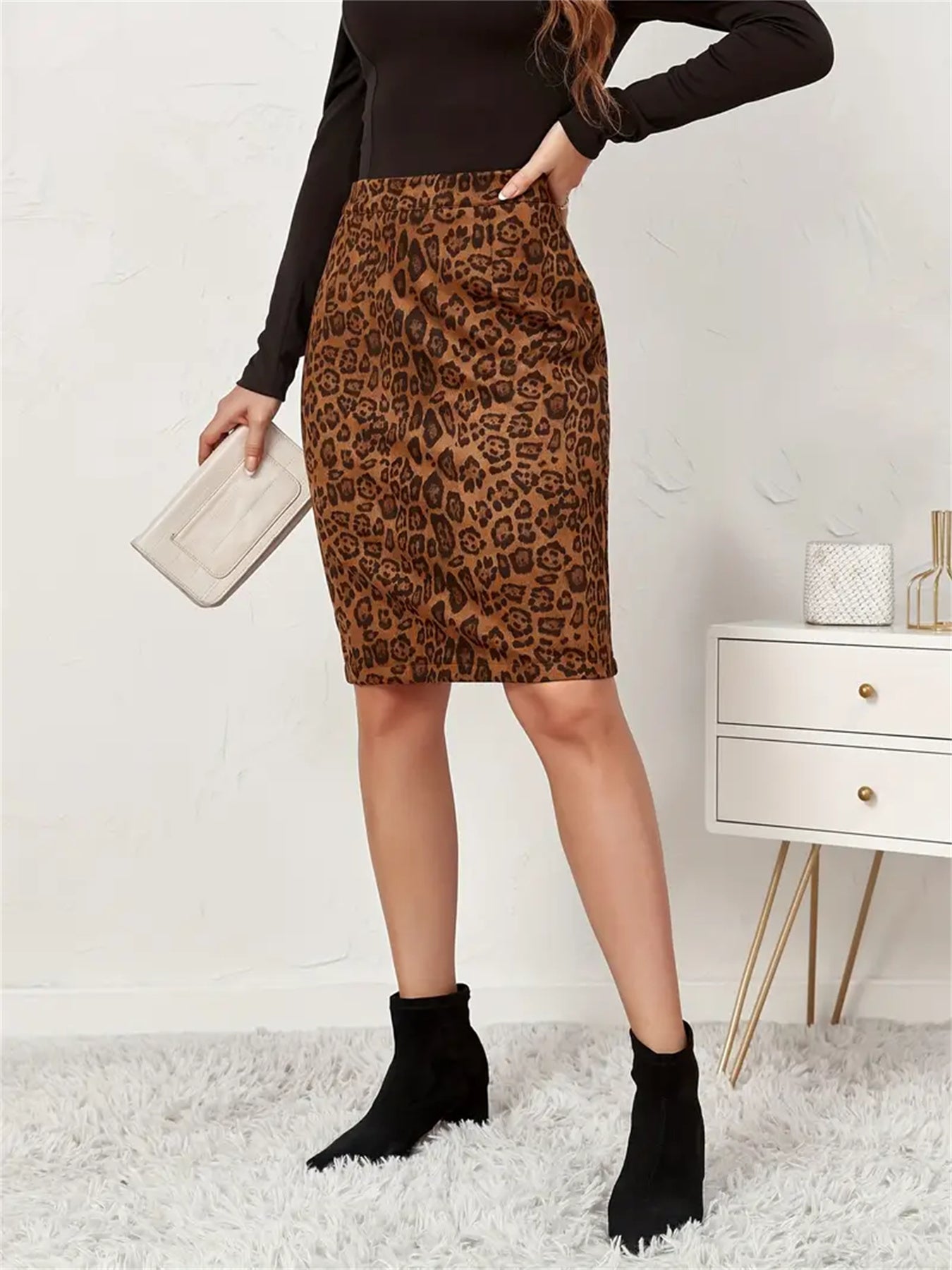 Leopardprint Faux Ruskind Bodycon-nederdel, Sexet Højtaljet Blyantskørt til Kvinder, Knælangt