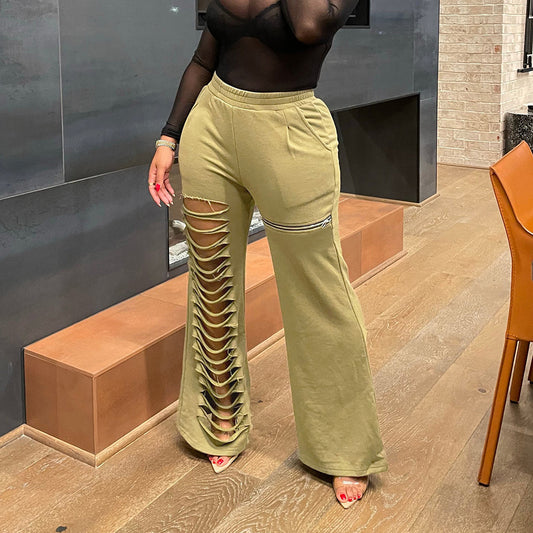 Womens Loose Casual Pants With Hollowed-Out Burnout Zipper Pockets