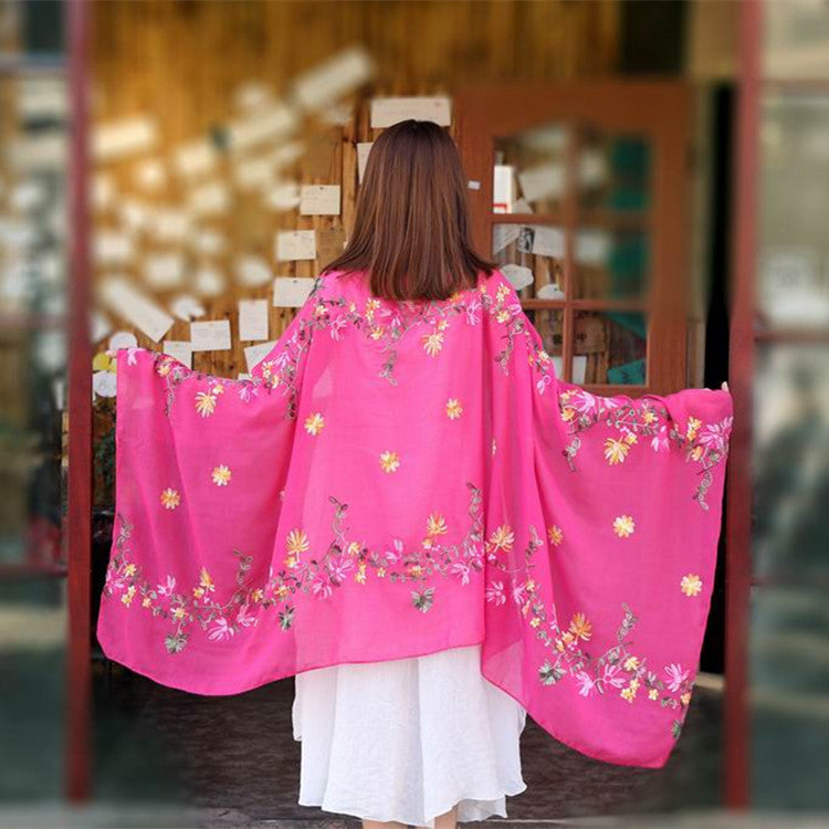 Embroidered Cotton And Linen Scarf Travel Sunscreen Ethnic Style Silk Scarf