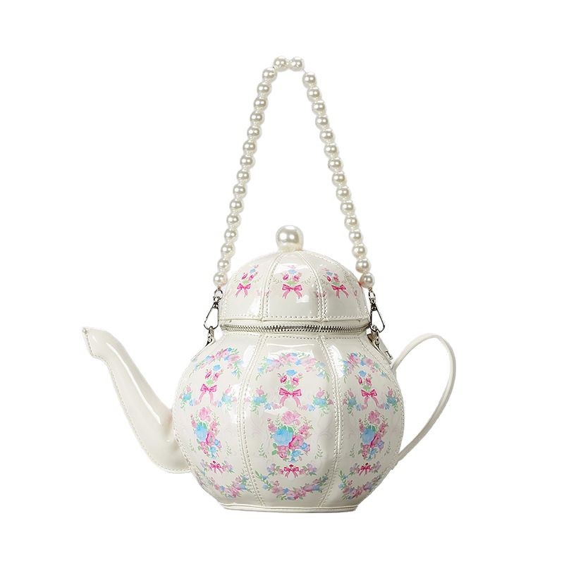 Sweet Girl Vintage Pearl Chain Printing Teapot Handbag