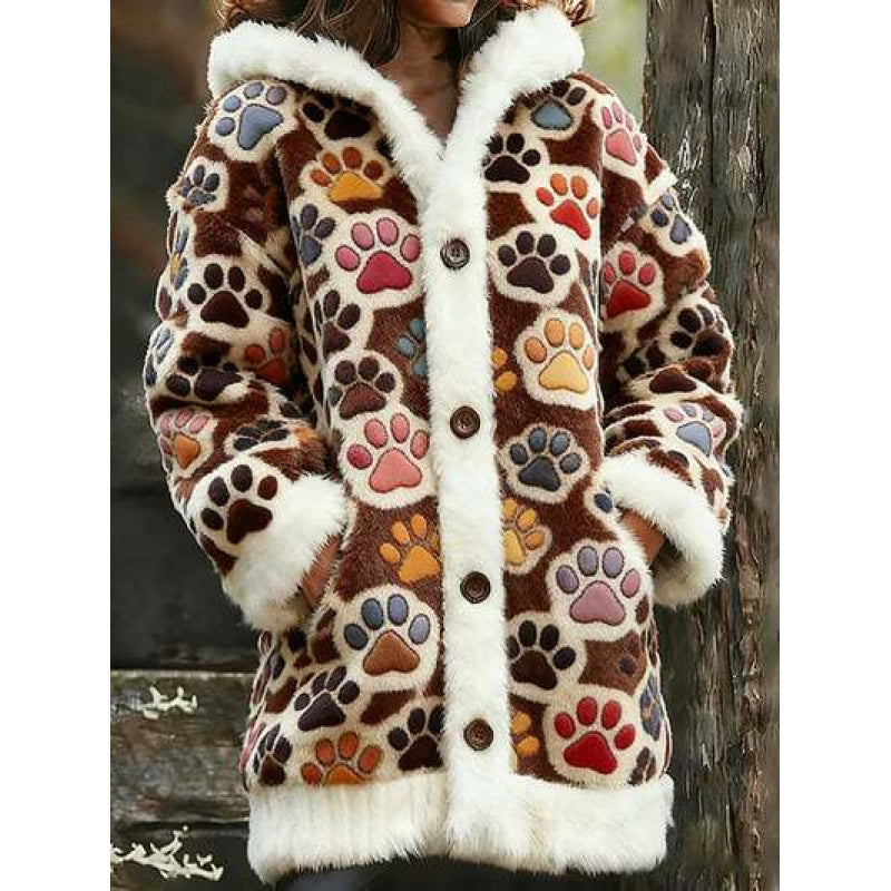 Womens Hooded Coat Printed Plush Hoodie Long Top