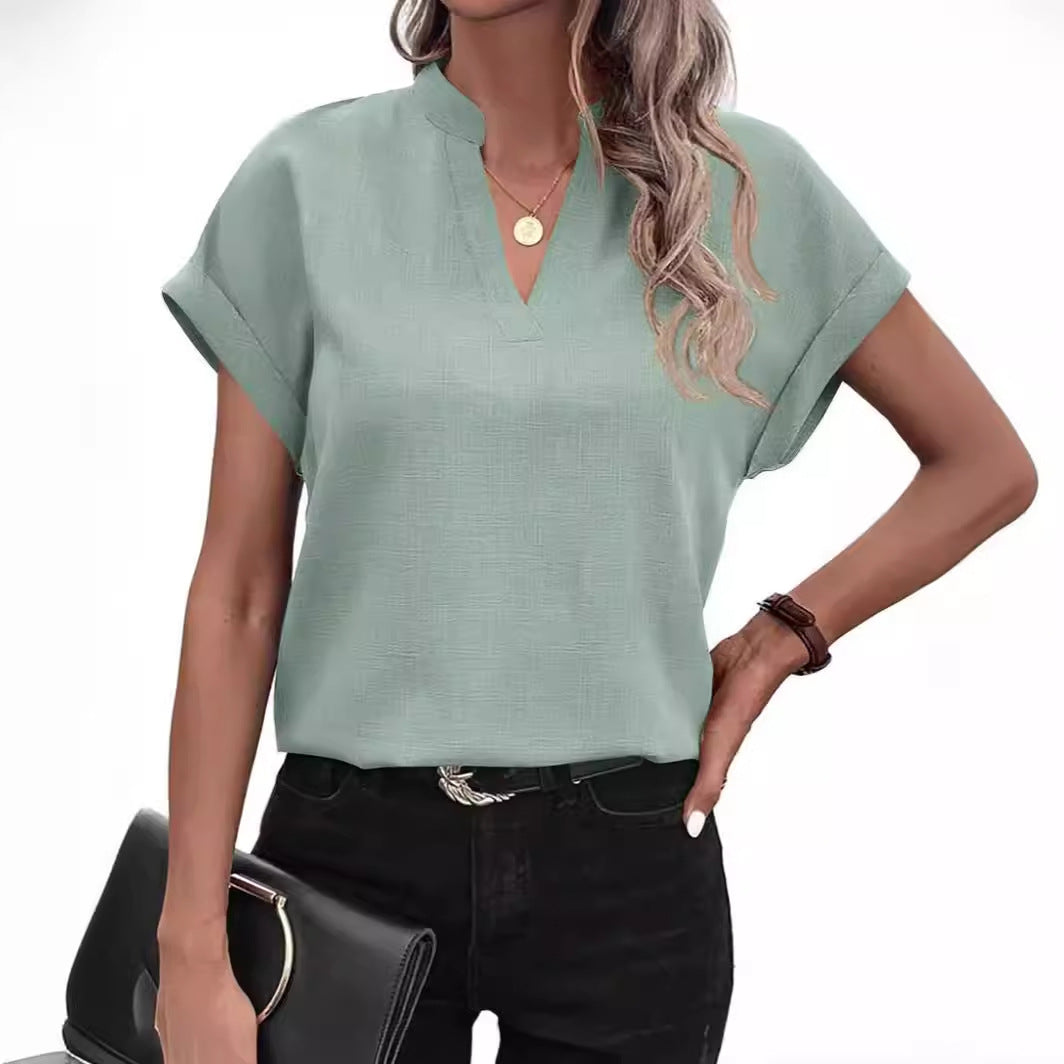 Summer Simplicity Fashion V-neck Short Sleeve Linen Shirt For Women