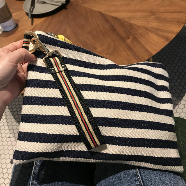Striped Tassel Canvas Women's Hand Hold Canvas Makeup Bag