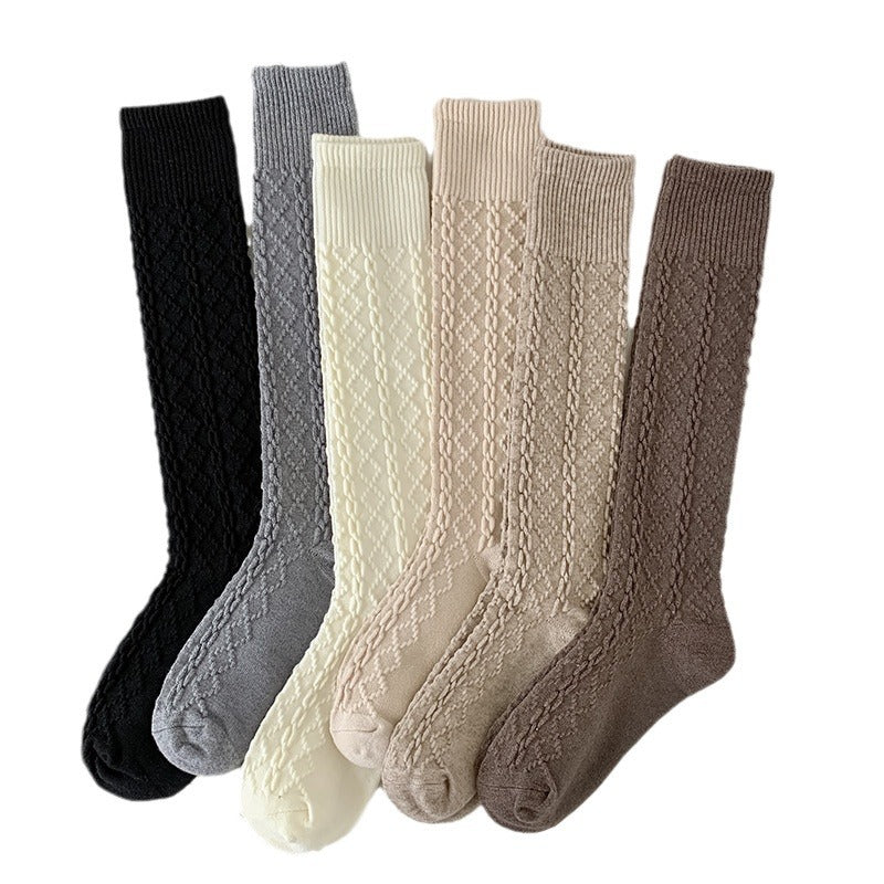 Autumn And Winter Thick Warm Hemp Pattern Solid Color Knee-length Cashmere Socks