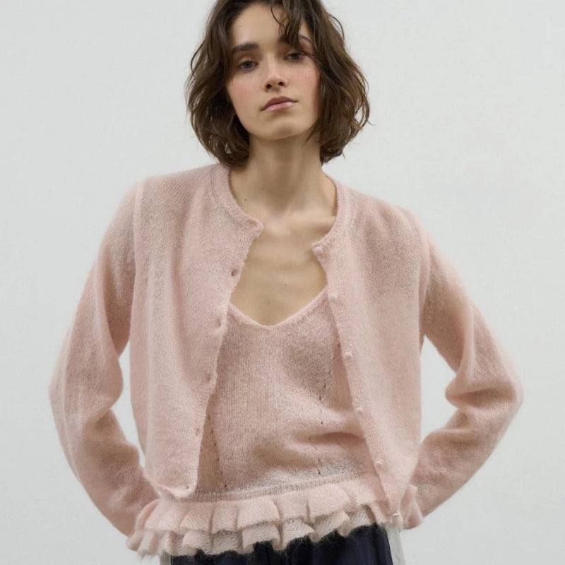 Lace-trimmed Solid-color Skin-friendly Knitted Cardigan And Camisole Two-piece Set For Women