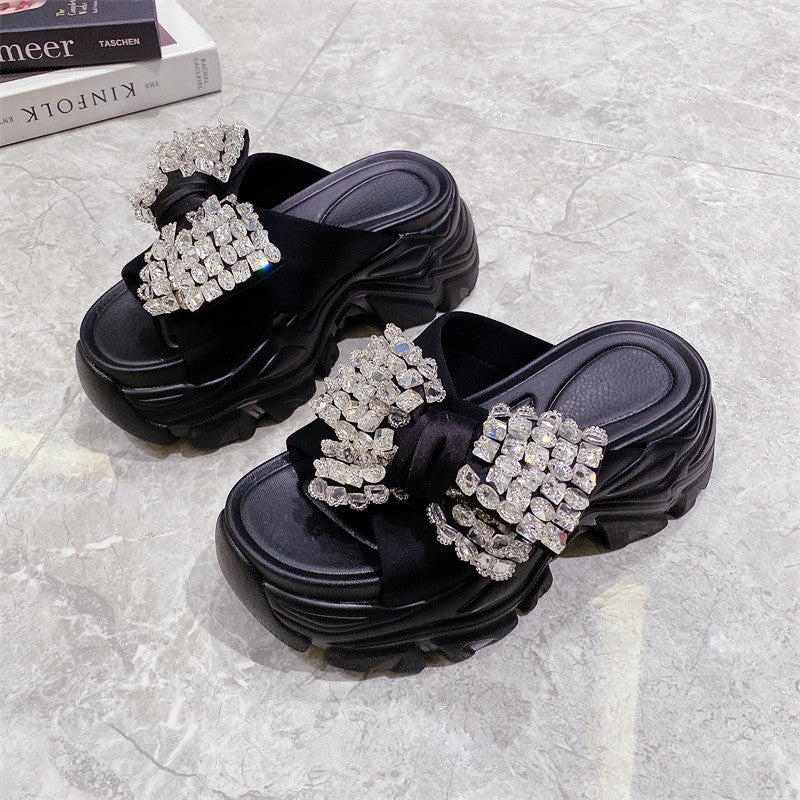 Women's Rhinestone Bow Platform Slip-on Sandals