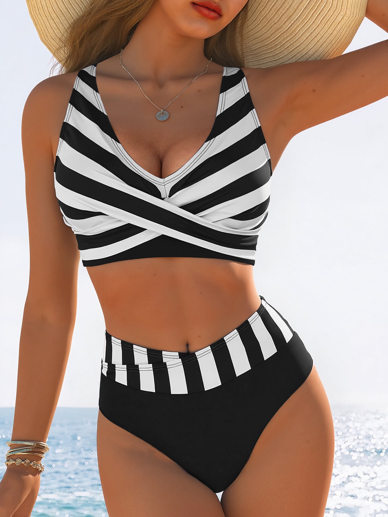Striped Print Cross-Over High-Waist Sexy Two-Piece Bikini Swimwear For Women