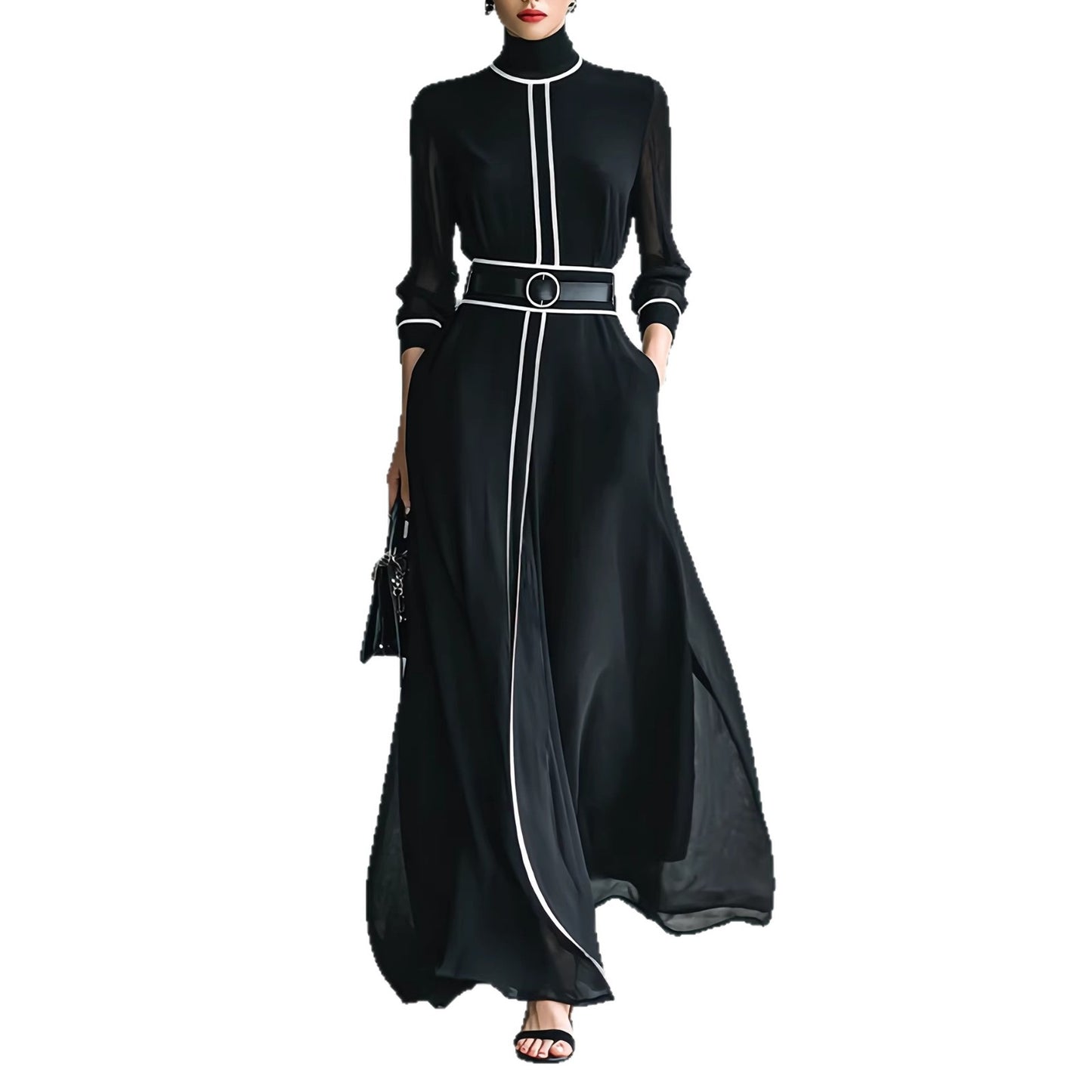 Elegant Contrast-color Dress With A High Neck And A Long Chiffon Design