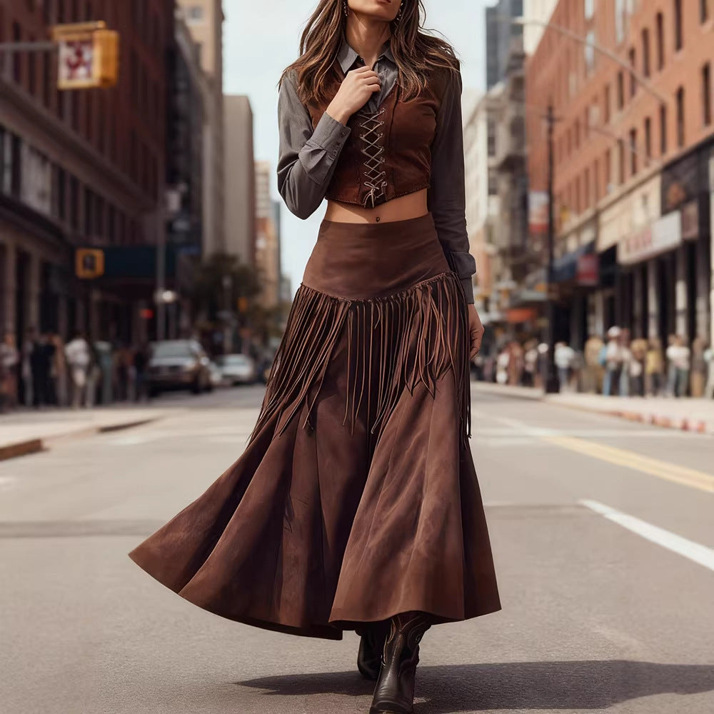 Elegant High-neck Figure-hugging Long-sleeve Knit Skirt