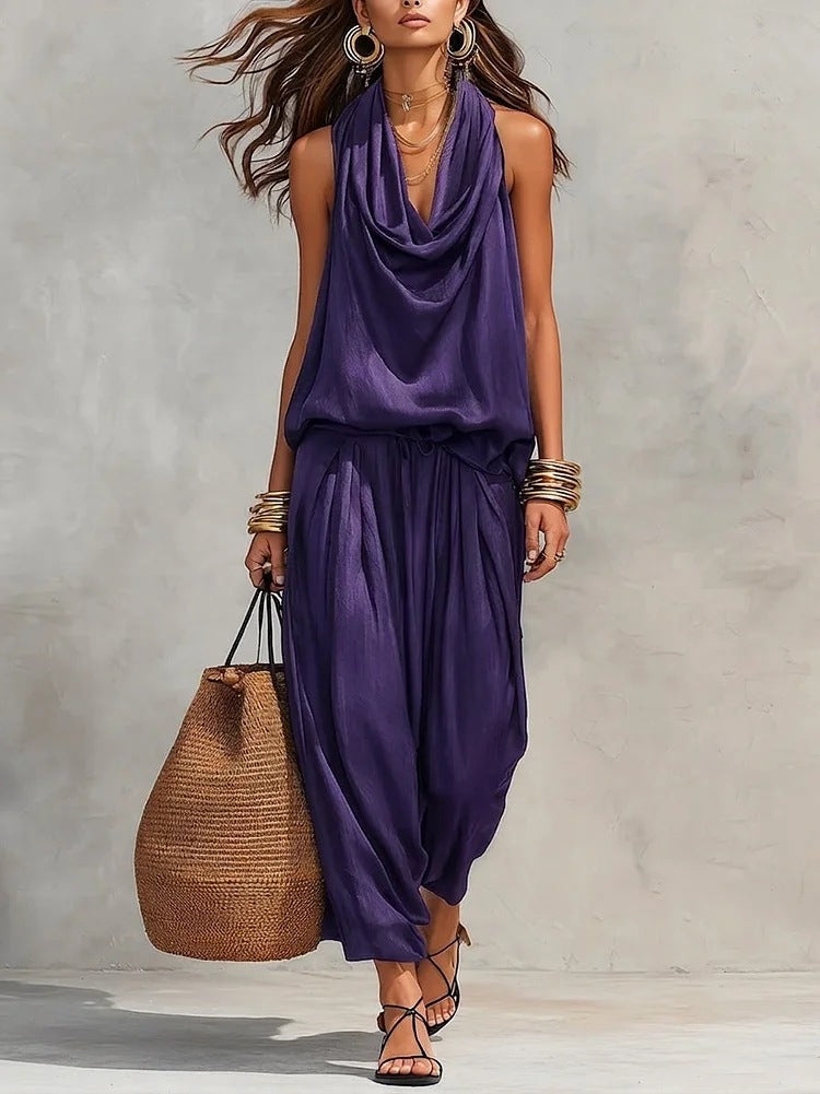 Womens Draped-Neck Vest And Casual Pants Set