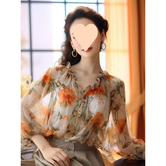 Wooden Ear Puff Sleeve Printed Chiffon Shirt Top