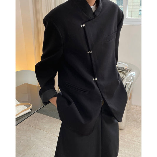 Retro Chinese Buckle Suit Oblique Placket Stand Collar Jacket