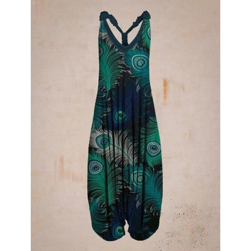 Printed Loose Large Size Haren Pants Beach Suspender Jumpsuit