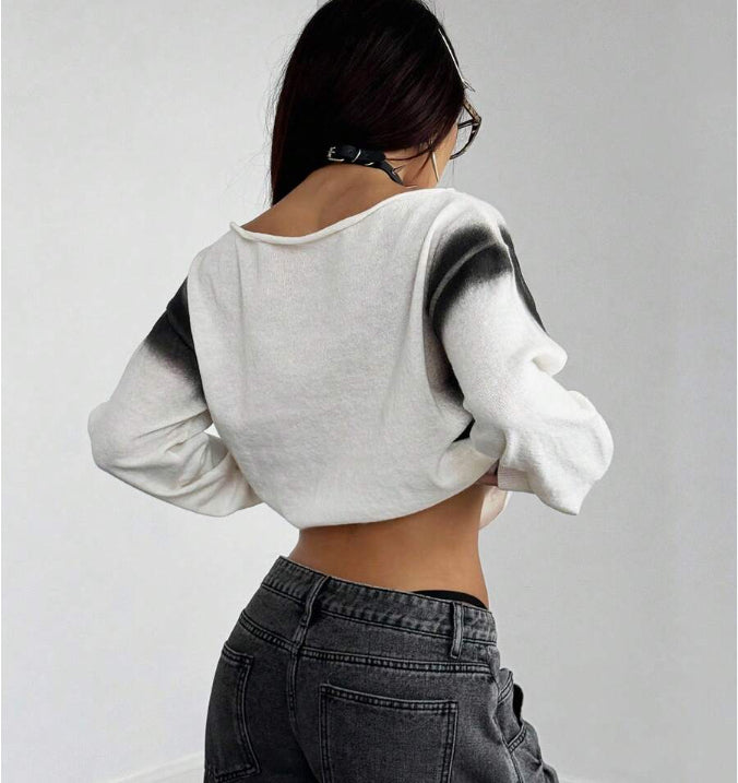 Contrast Color Graffiti Slant Shoulder Casual Loose Sweater