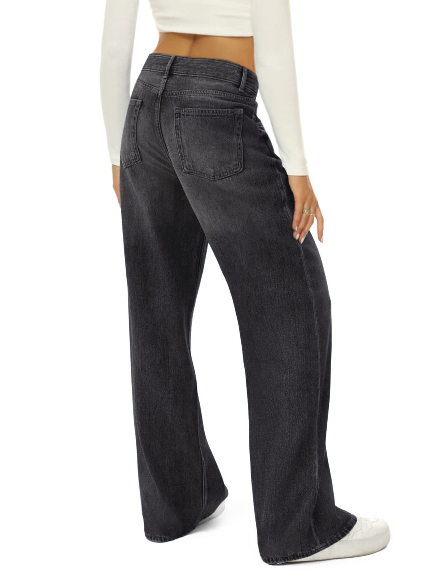 Dame Løse Jeans med Brede Ben Ensfarvede Afslappede Alsidige Denim Bukser