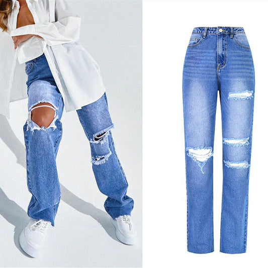 Ripped Damejeans med Høj Talje og Lige Ben