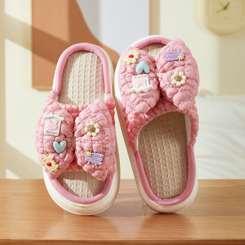 Bow Women's Wear Thick Bottom Latex Linen Slippers Outside The Home