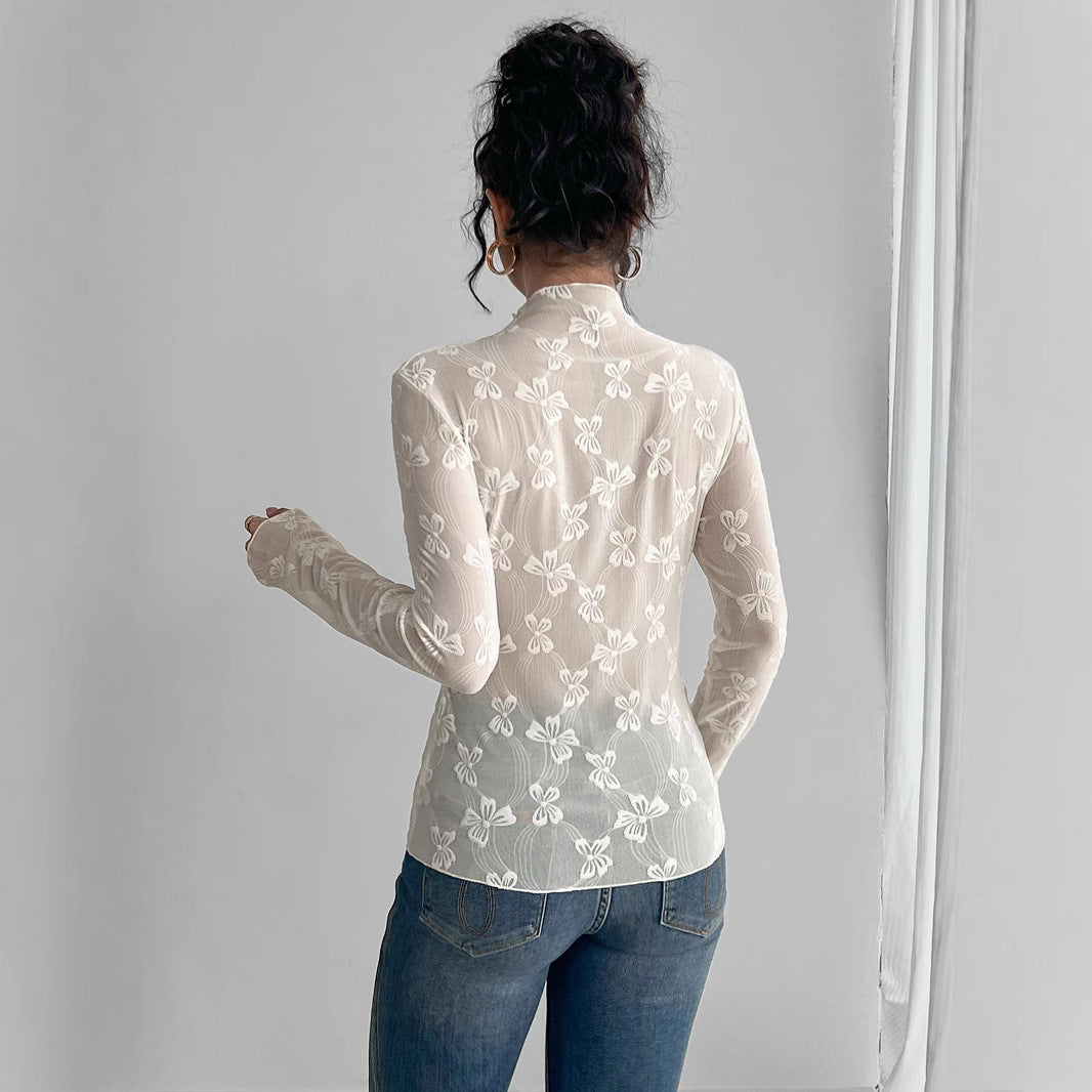 Sommerfugl Jacquard Mesh Slim Fit Ståkrave Langærmet