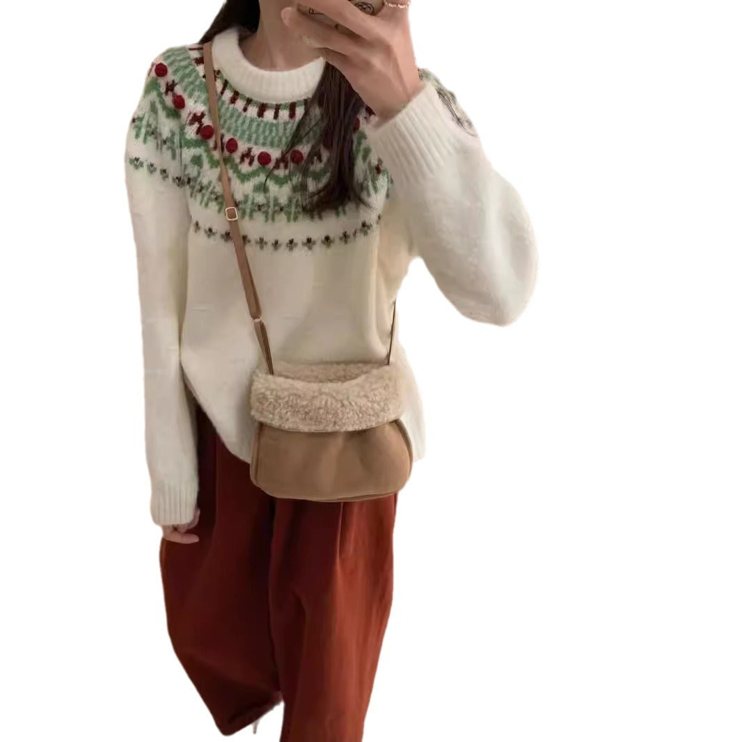 Red Christmas Style Sweater Women's Retro Contrast Color Round Neck Loose
