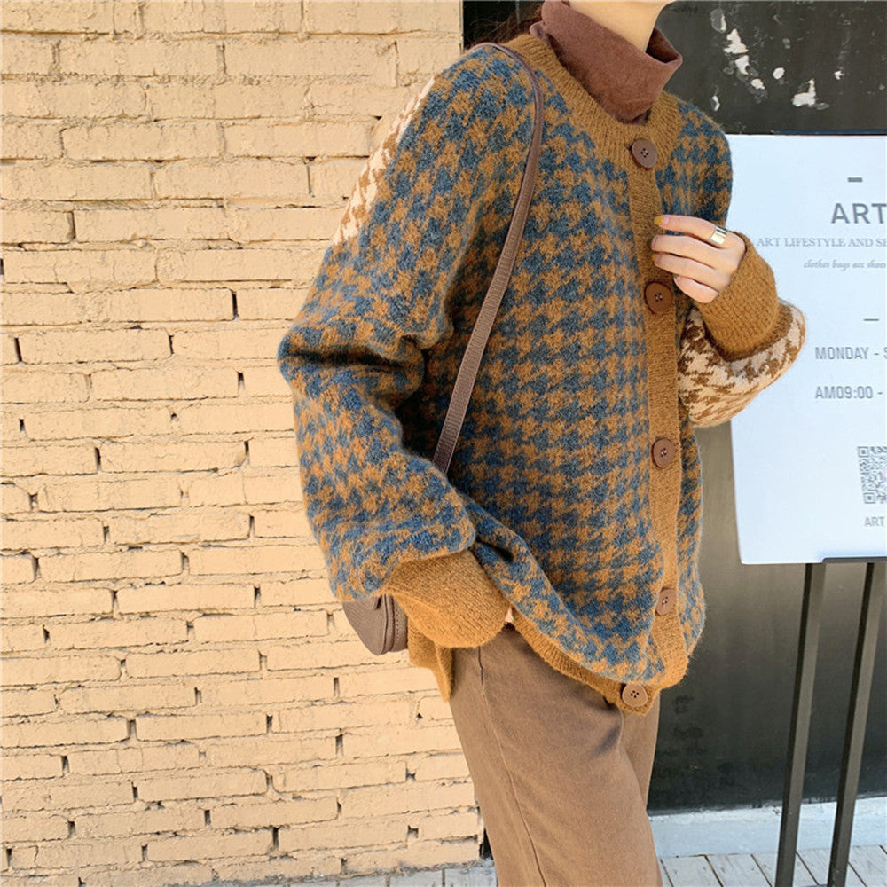Alsidig løs houndstooth cardigan-sweater
