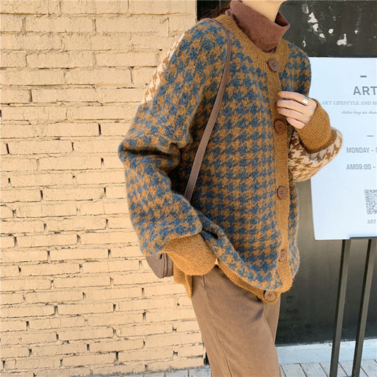 Versatile Loose Houndstooth Cardigan Sweater
