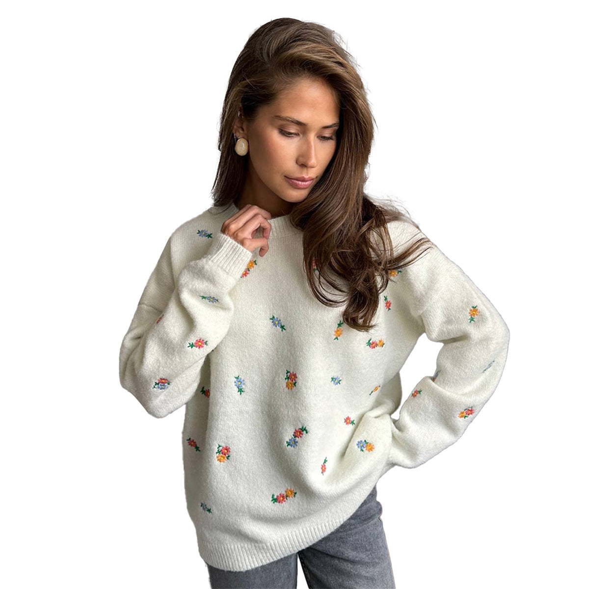 Crew Neck Pullover Embroidered Flower Sweater