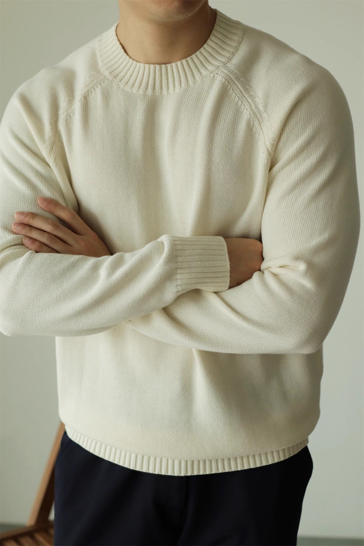 Langfibret bomuldssweater Sweater i bomuld med rund hals Pullover Retro Casual Sweater